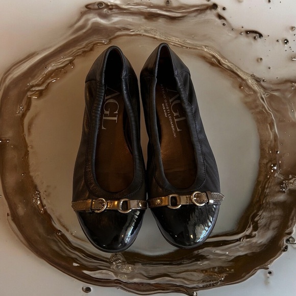 AGL Black Metallic Grey Monika Cap Toe Ballet Flats Shoes Leather Italy 40 - Picture 16 of 16